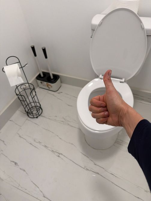 Thumbs-up in a clean bathroom beside a toilet with the lid up, toilet brush, and toilet paper holder.