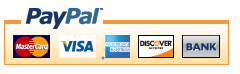 PayPal logo with payment options: MasterCard, Visa, American Express, Discover, and Bank.