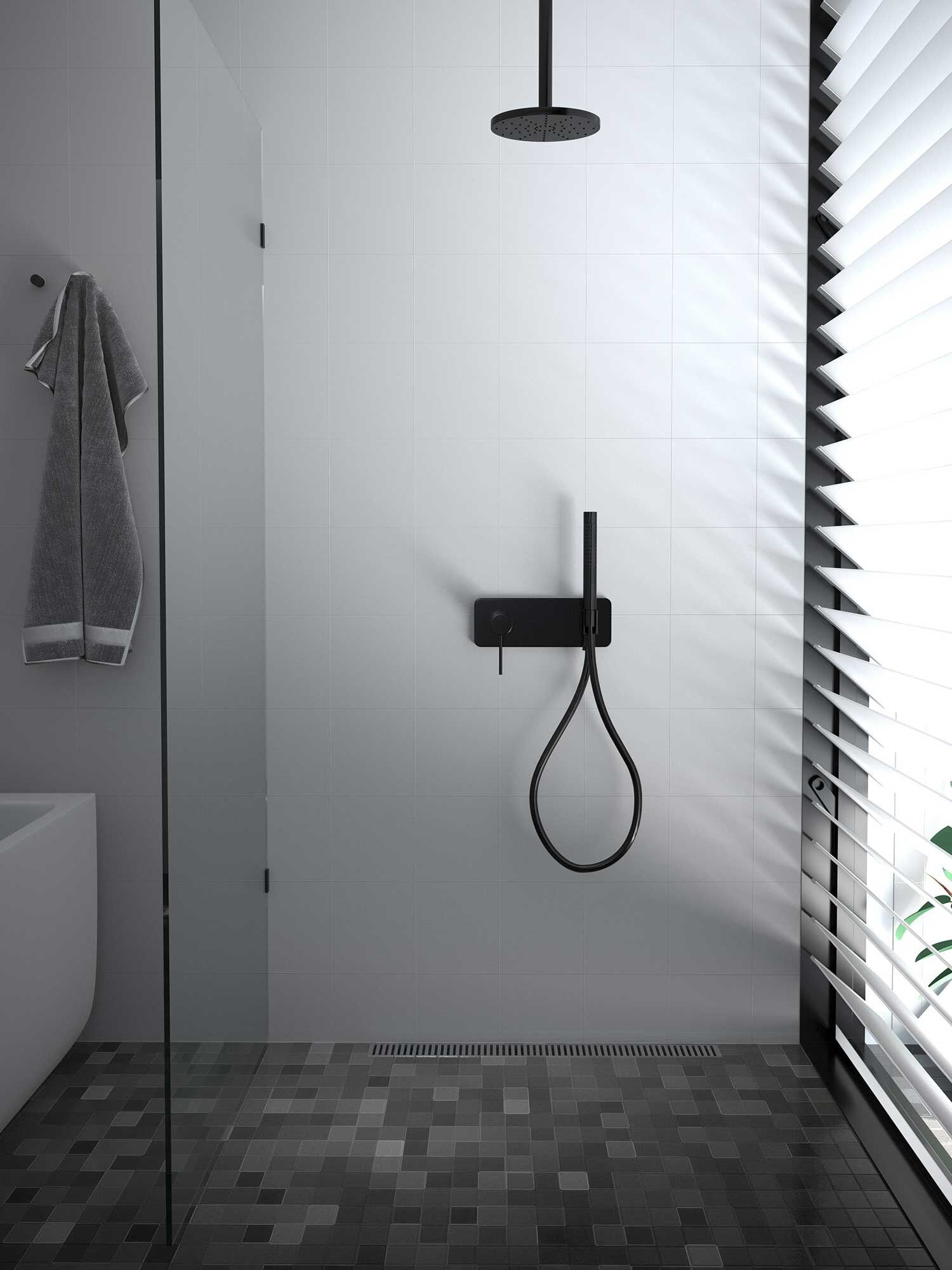 Bathroom With Black Shower And White Tiles On The Wall — Fixtures & Fittings In Tweed Heads South, NSW