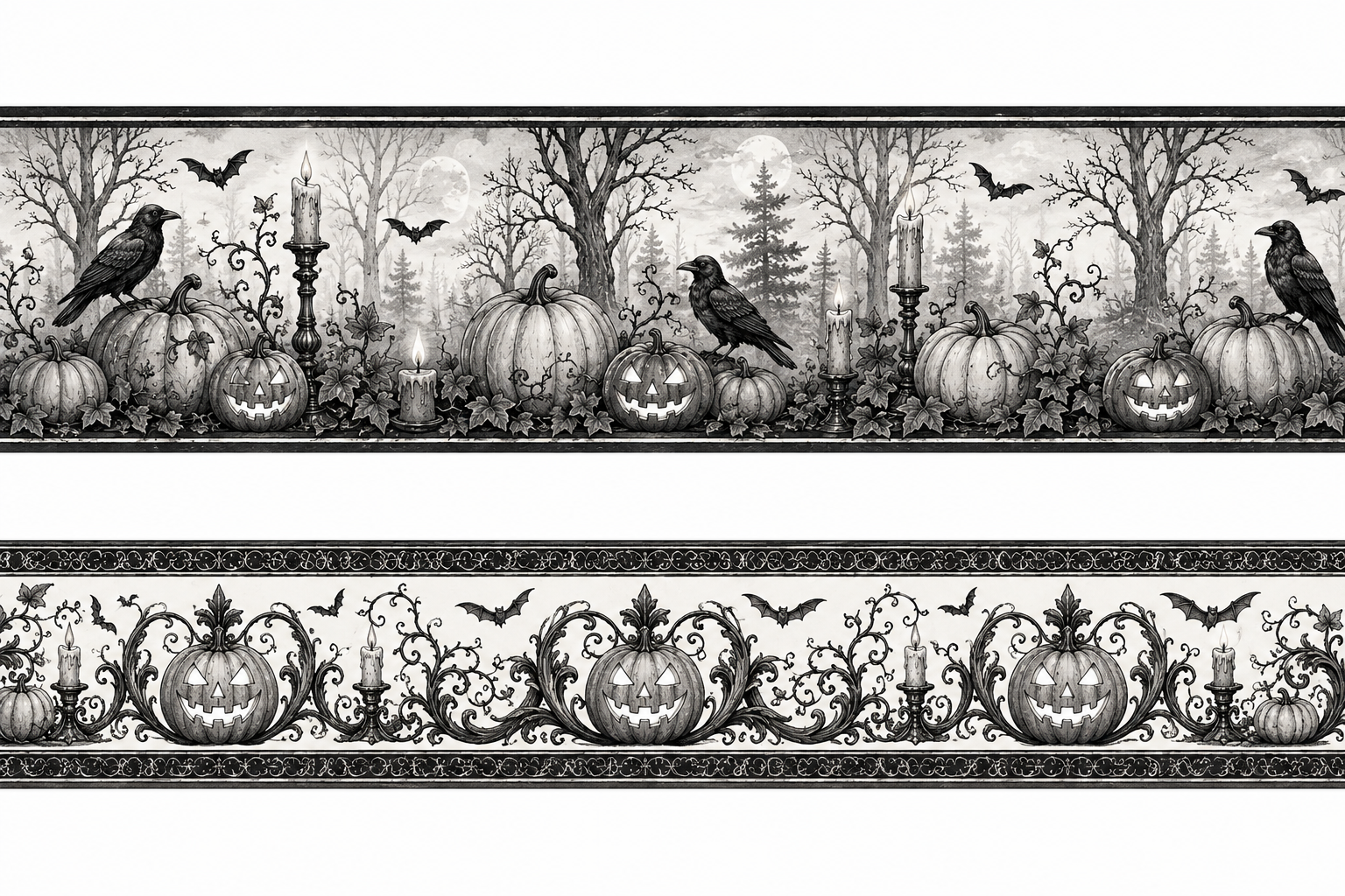 Wallpaper, fabric, carpet. Halloween dark tree silhouette with x2 borders 26  1/48 scale