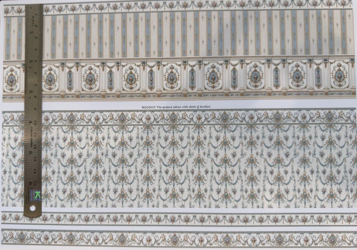 Wallpaper, fabric, carpet, The queens salon with dado & stripes. 1/48 scale
