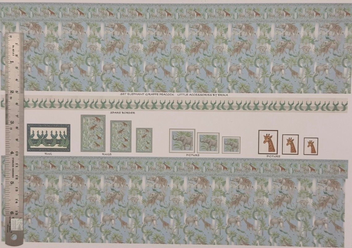 Wallpaper/fabric. Set elephants giraffe & peacock