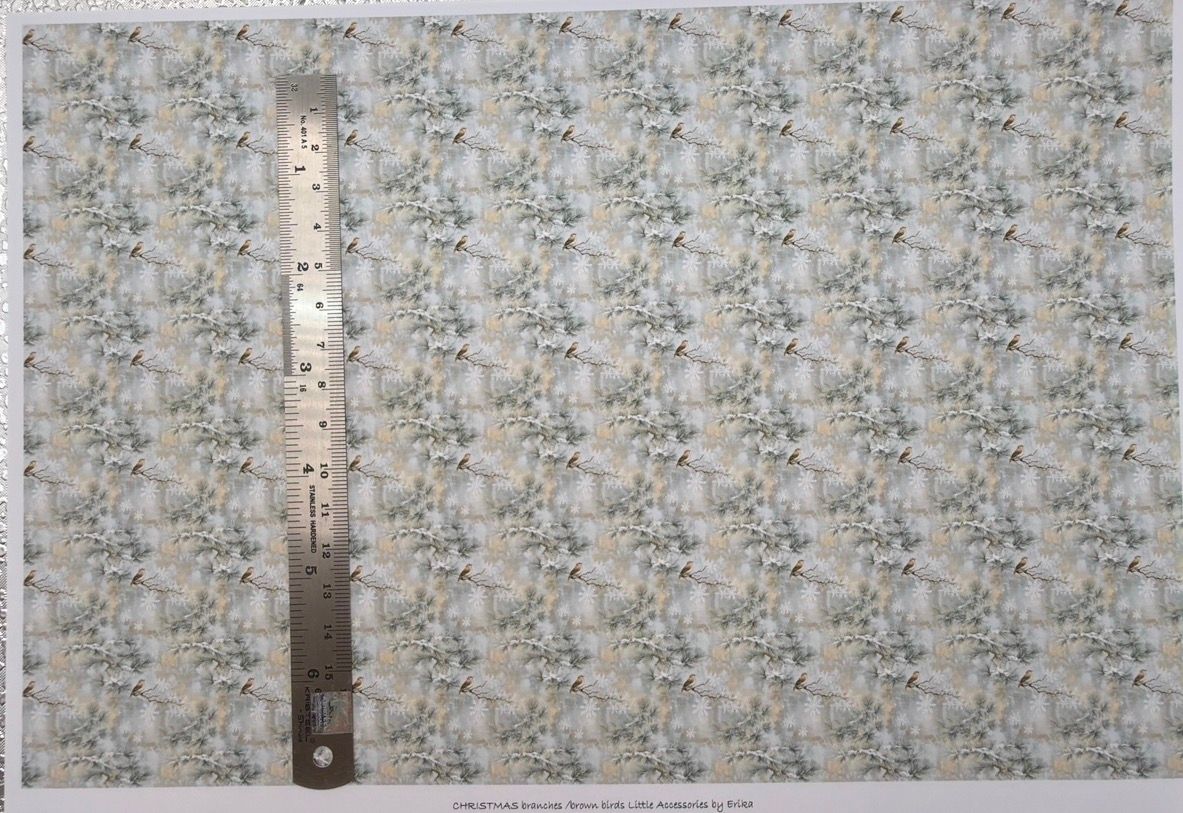 Wallpaper/fabric. Christmas branches/brown birds.