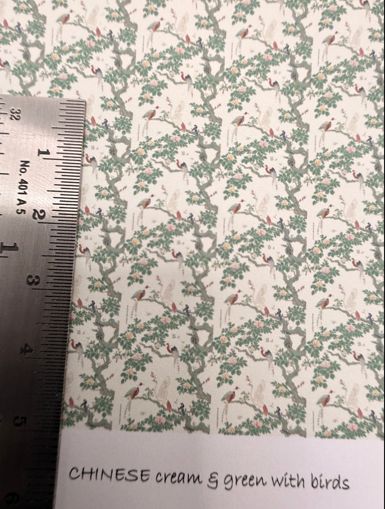 Wallpaper/ fabric. Chinese cream green birds 1/48 scale