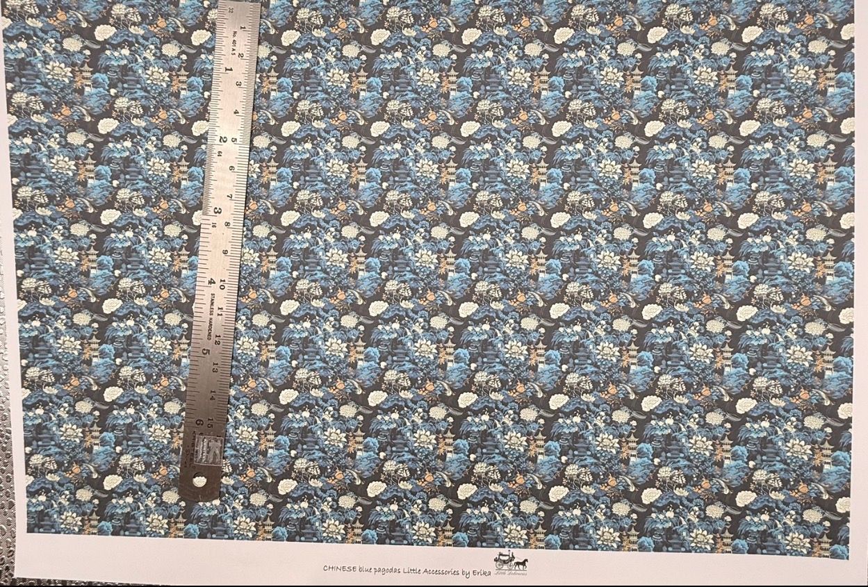 Wallpaper/fabric. Chinese. blue pagodas. -1/48 scale