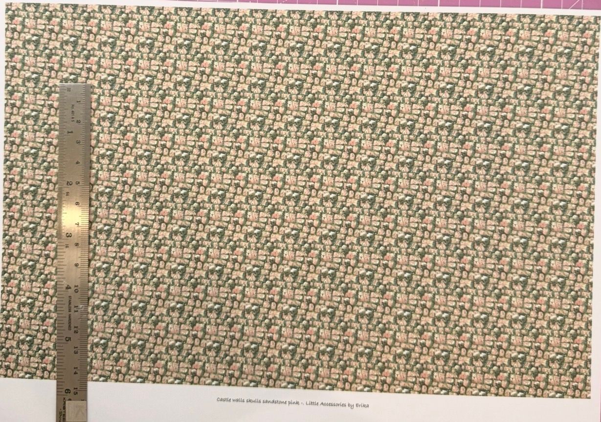 Wallpaper/fabric/carpet. Castle walls skulls sandstone pink. 1/48 scale