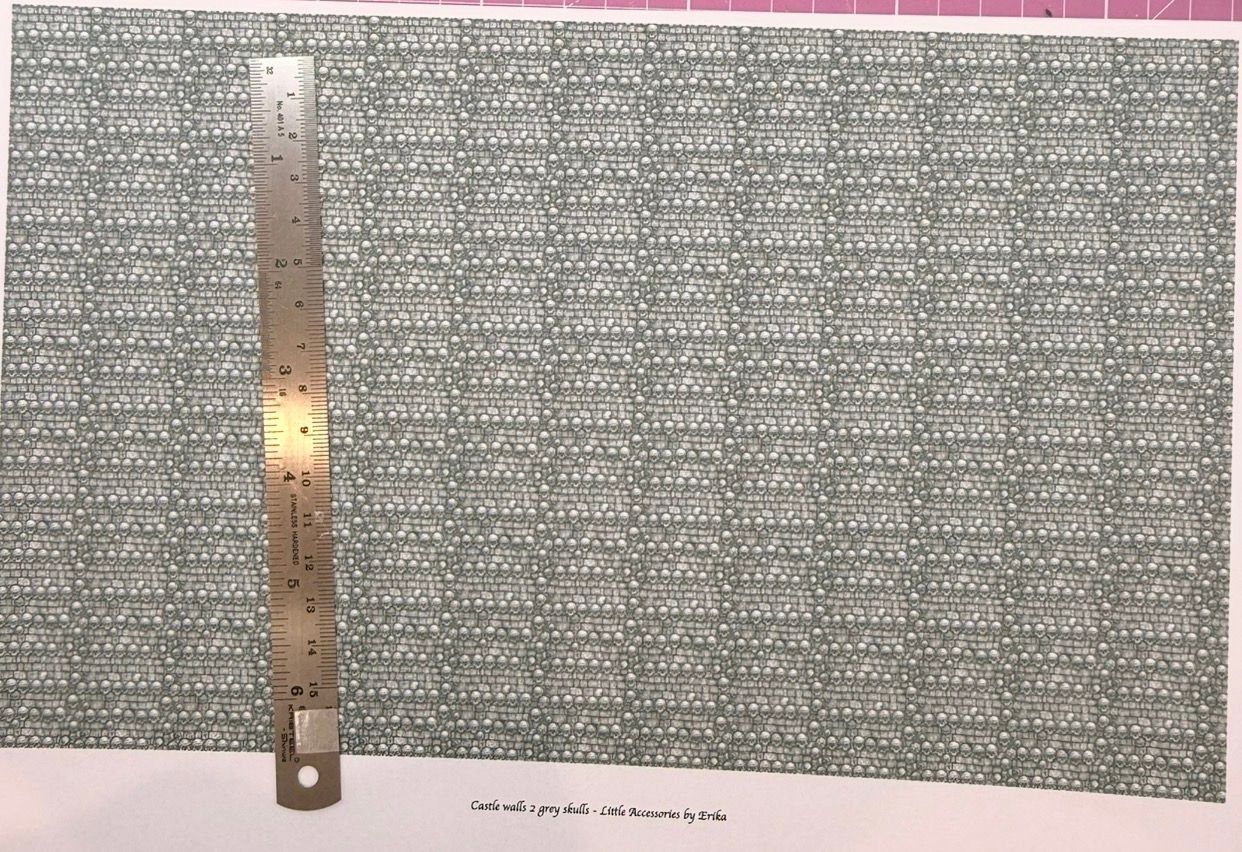 Wallpaper/fabric. Castle walls 2 grey skulls. 1/48 scle