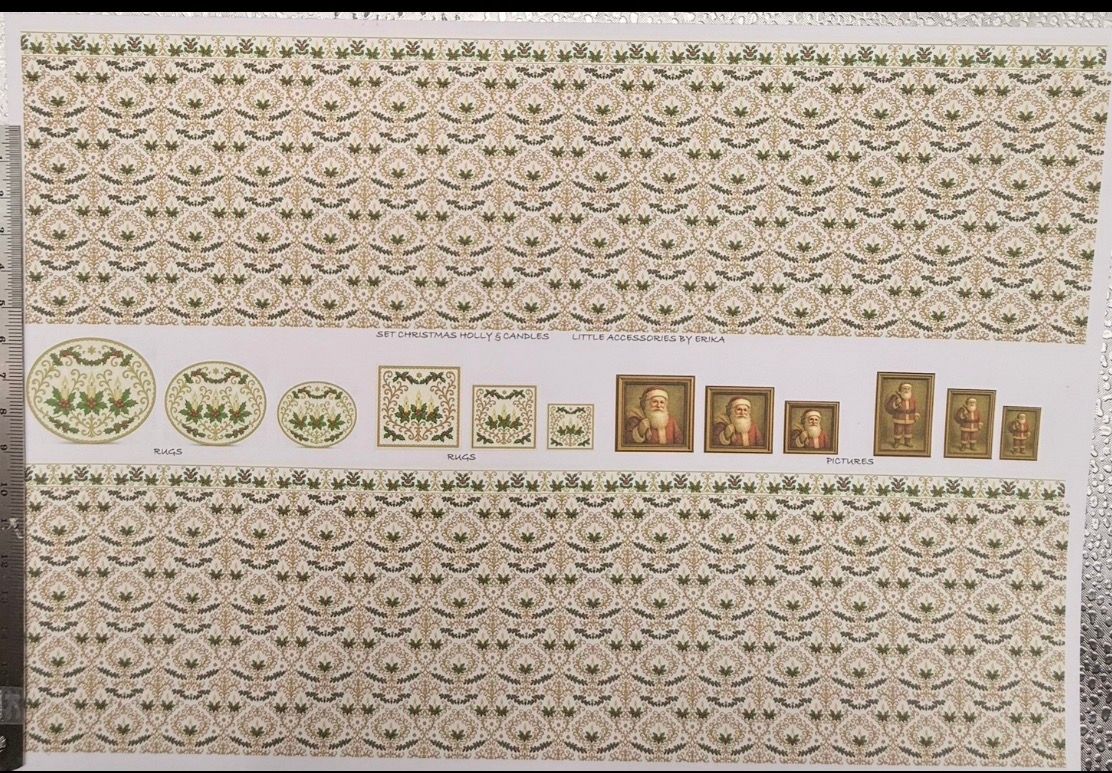 Wallpaper/fabric SET christmas Holly & candles 1/48 scale