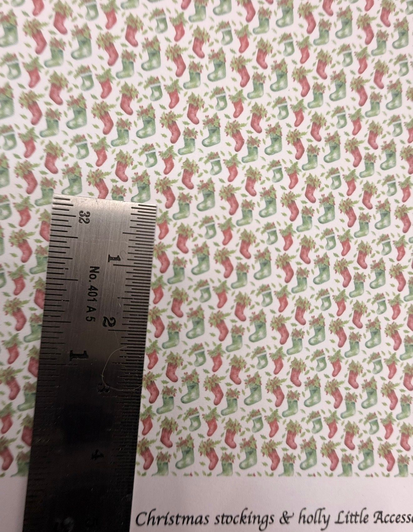 Wallpaper/fabric. Christmas stockings & holly. 1/48 scale