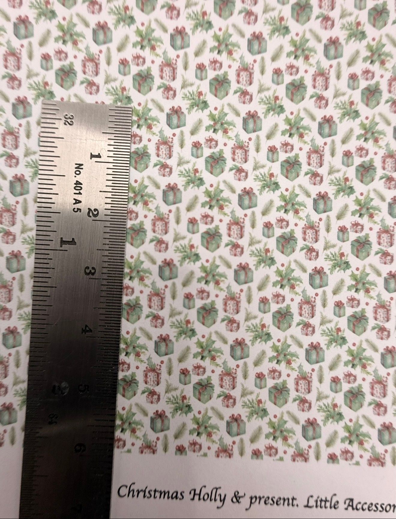 Wallpaper/fabric. Christmas holly & presents. 1/48 scale