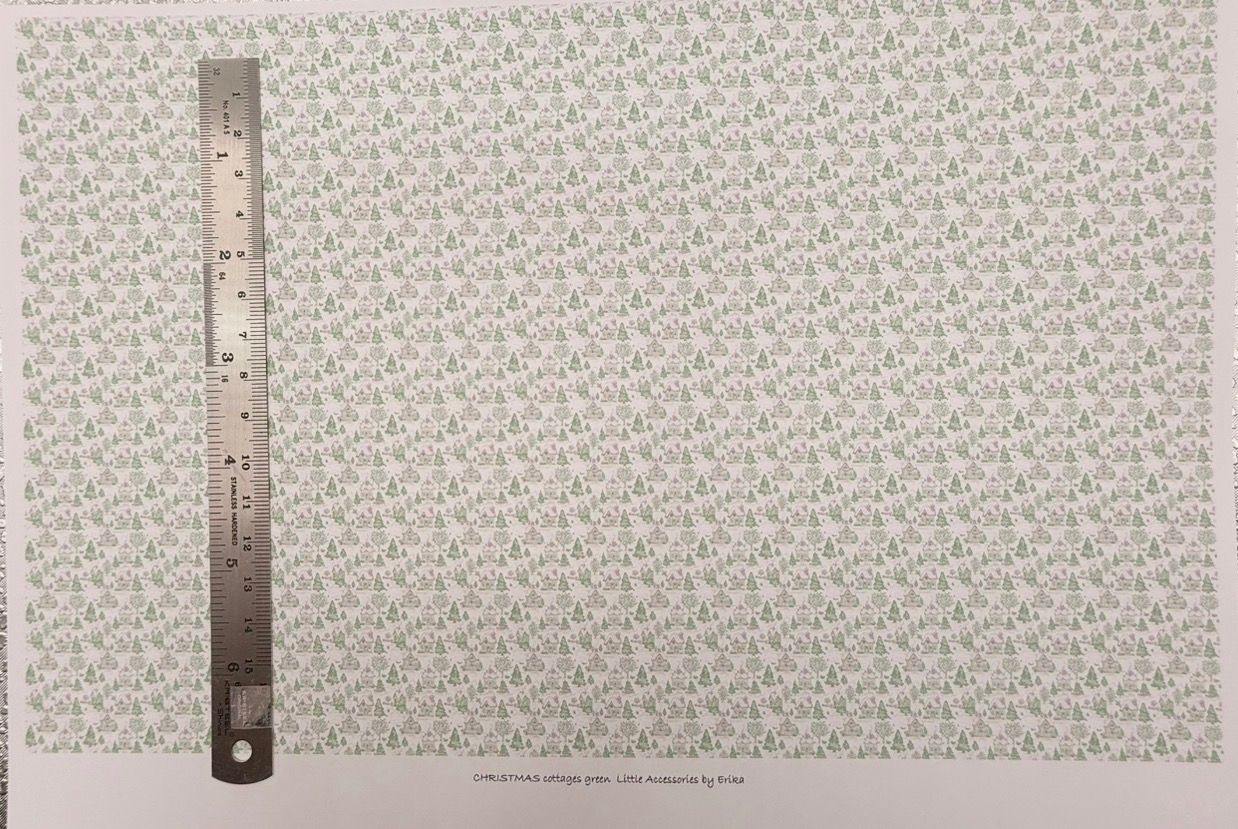 Wallpaper/fabric.Christmas cottages green 1/48 scale