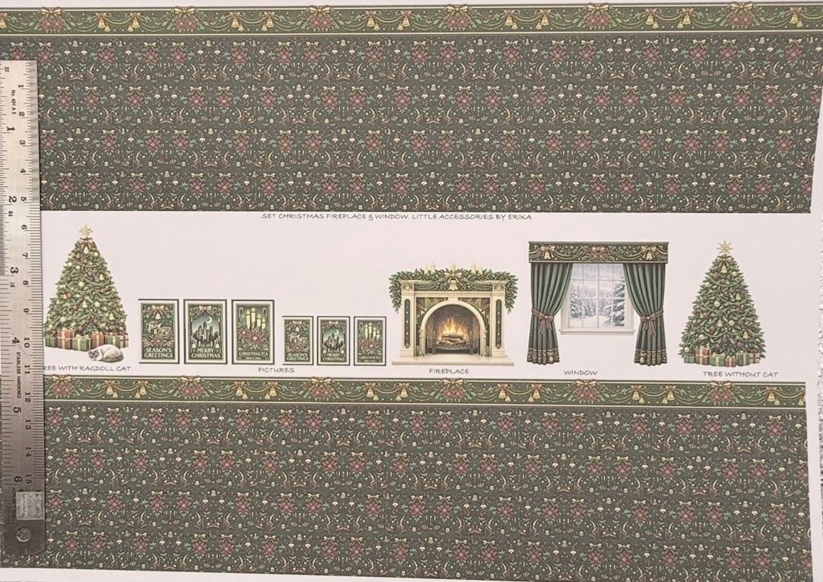 Wallpaper/fabric. SET christmas fireplace & window. 1/48 scale