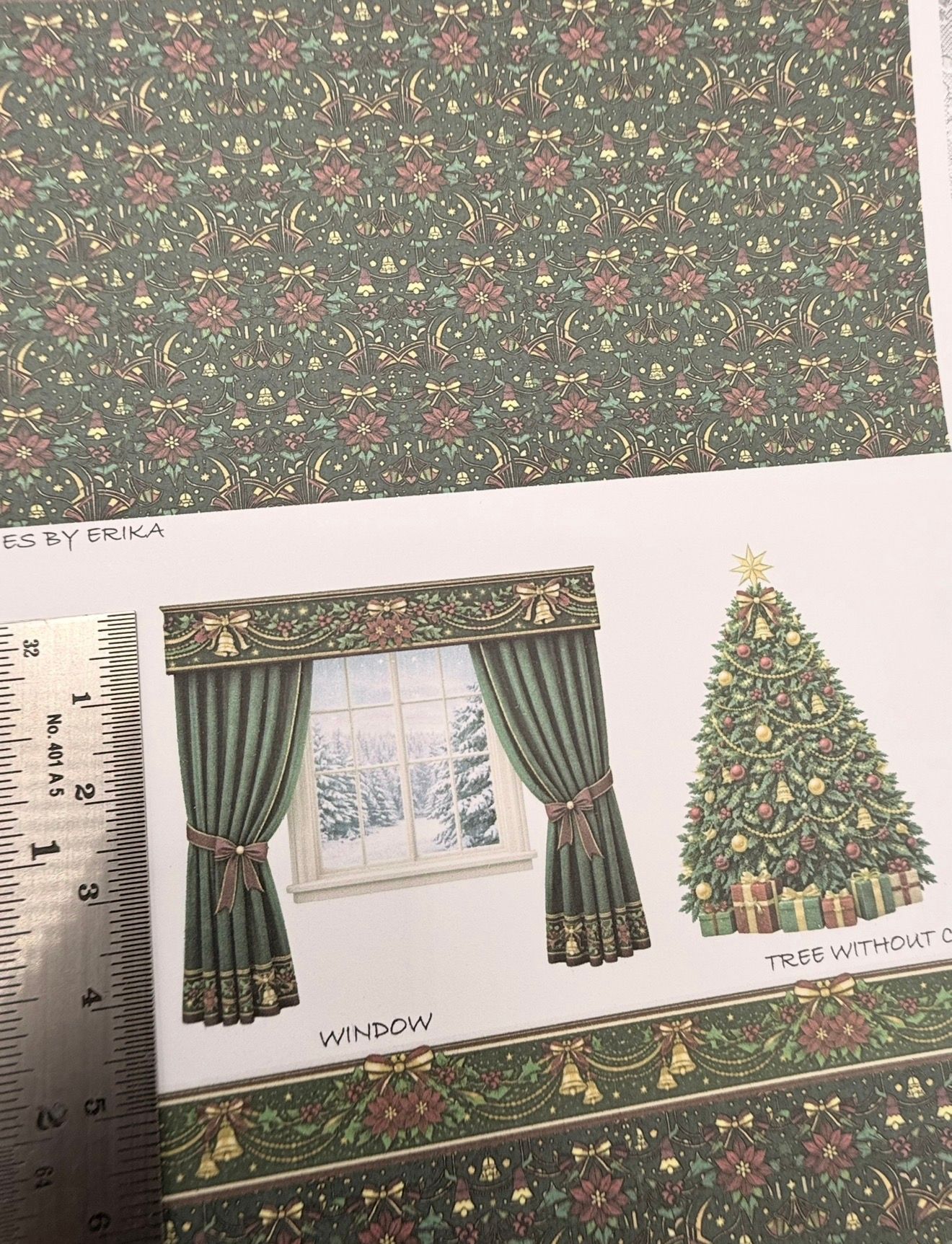 Wallpaper/fabric. SET christmas fireplace & window. 1/48 scale
