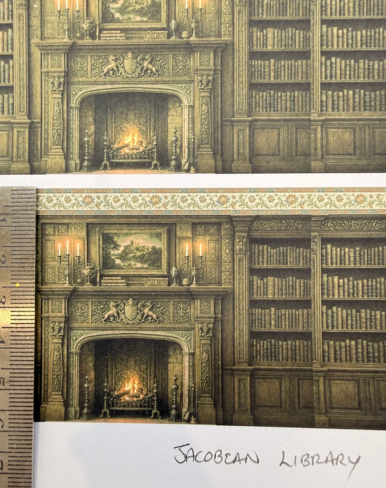 Wallpaper/fabric/carpet. Jacobean wood library. 1/48 scale