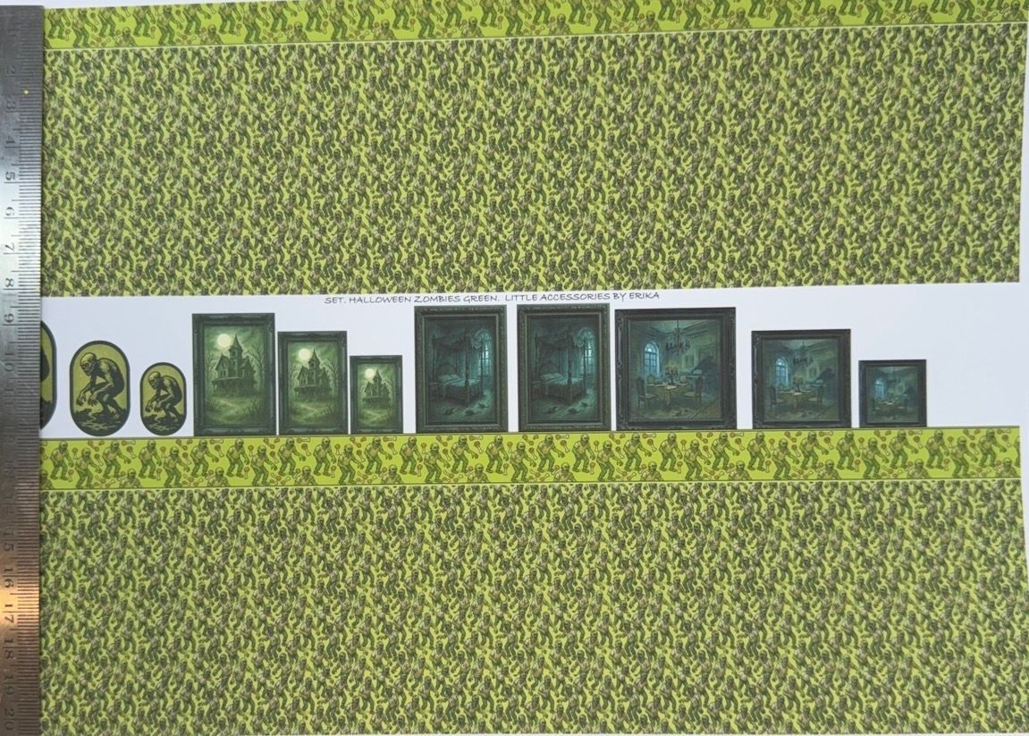 Wallpaper/fabric,carpet. SET Halloween zombies green 1/48 scale