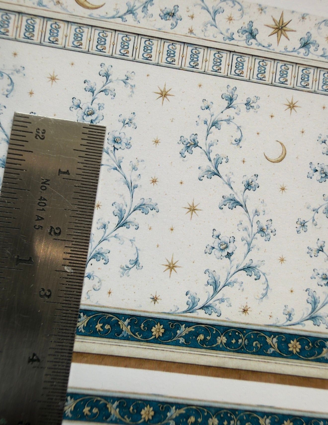 Wallpaper,fabric,carpet VERONA Juliet bedroom night time blue. 1/48 scale