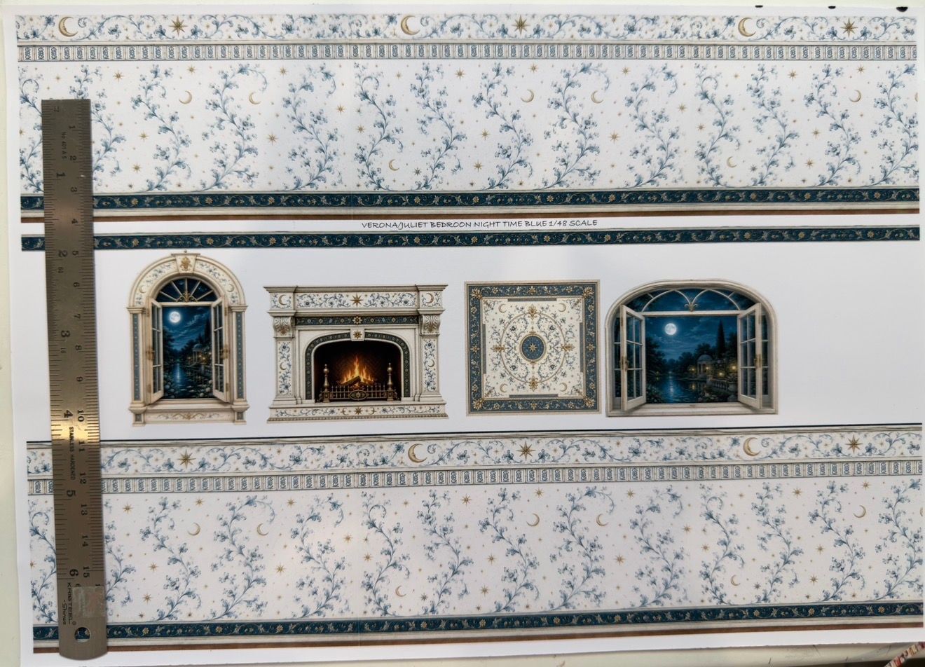 Wallpaper,fabric,carpet VERONA Juliet bedroom night time blue. 1/48 scale