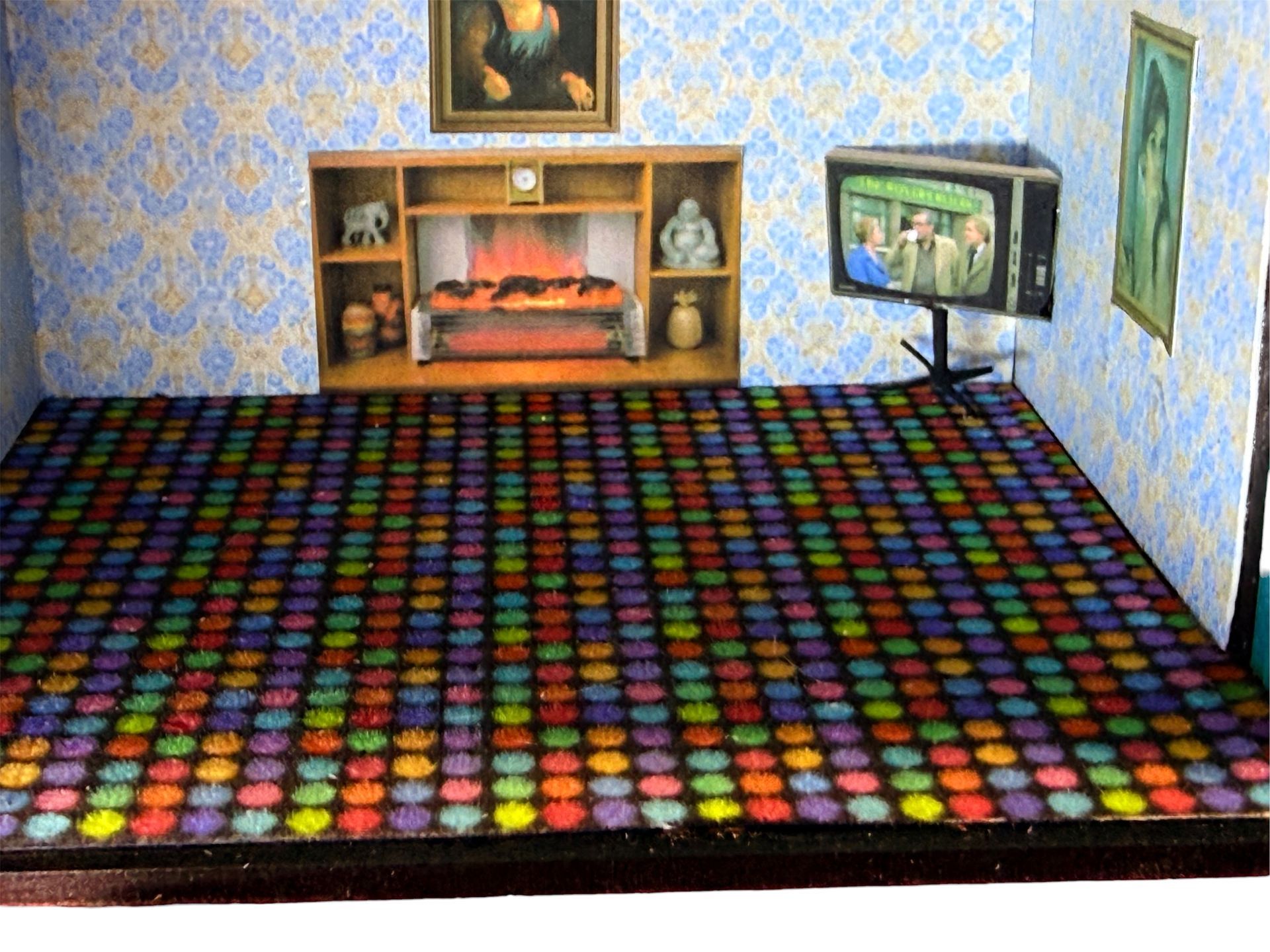 Wallpaper/fabric/carpet 1970s Multi coloured circles. 1/48 scale