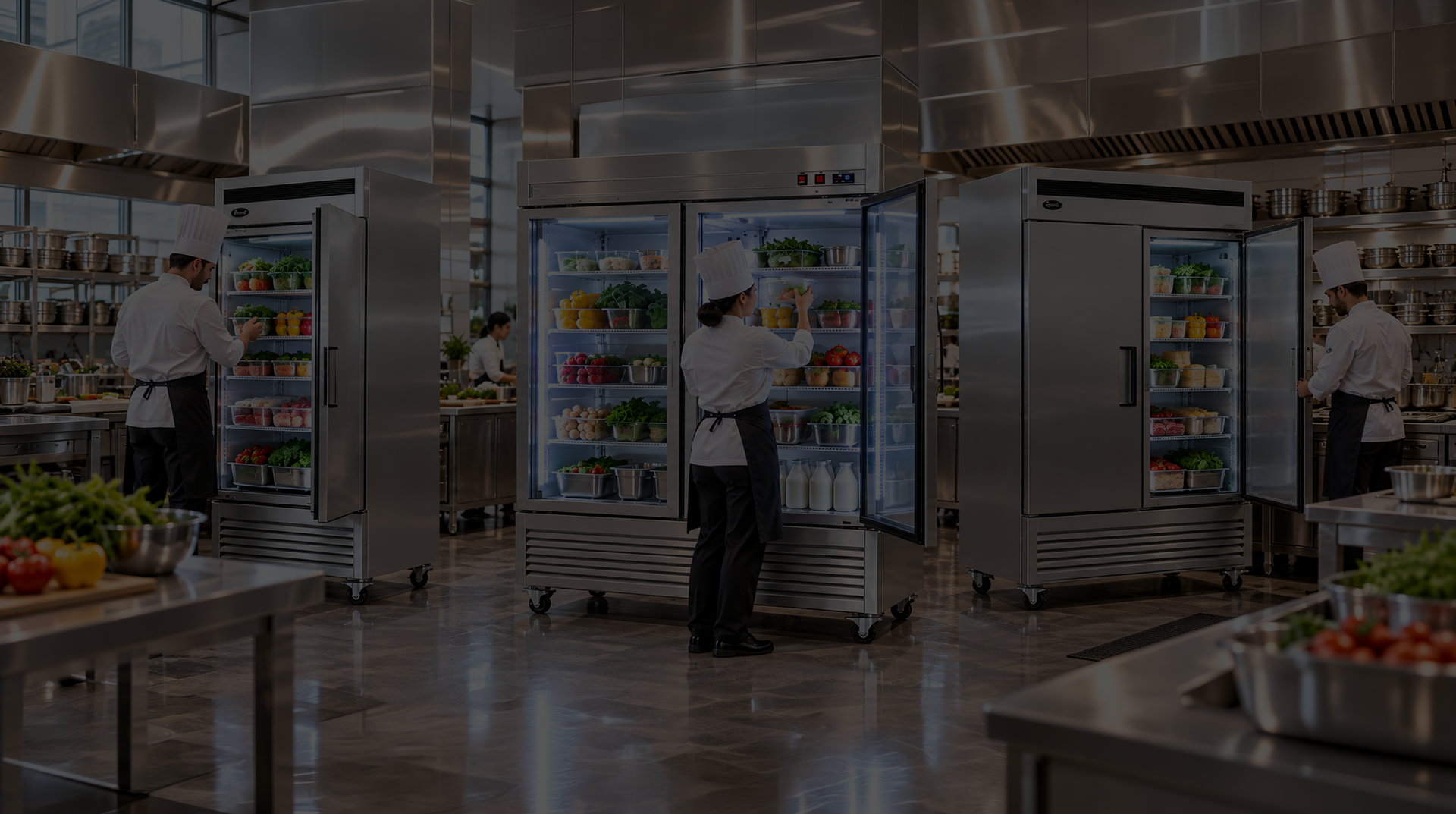 Chef usando verticales refrigerantes y congelantes