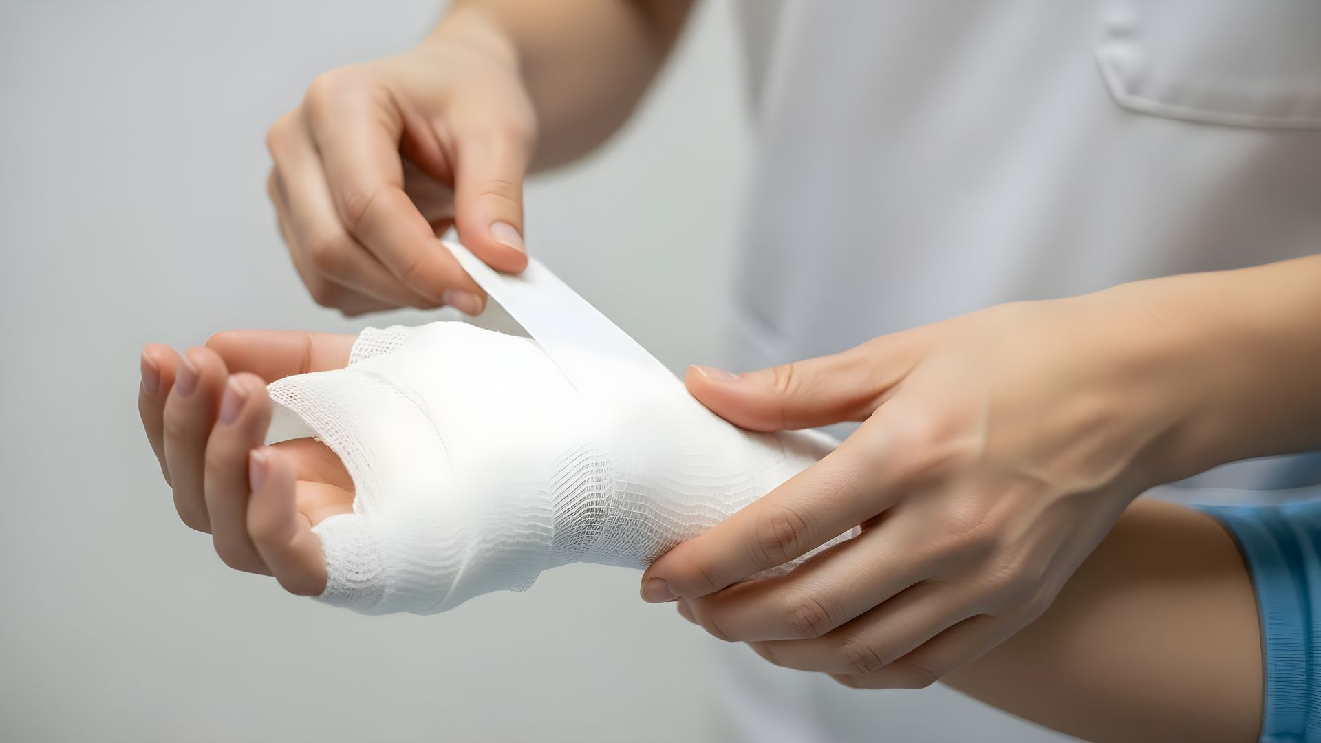 Wrapping bandage on injured hand