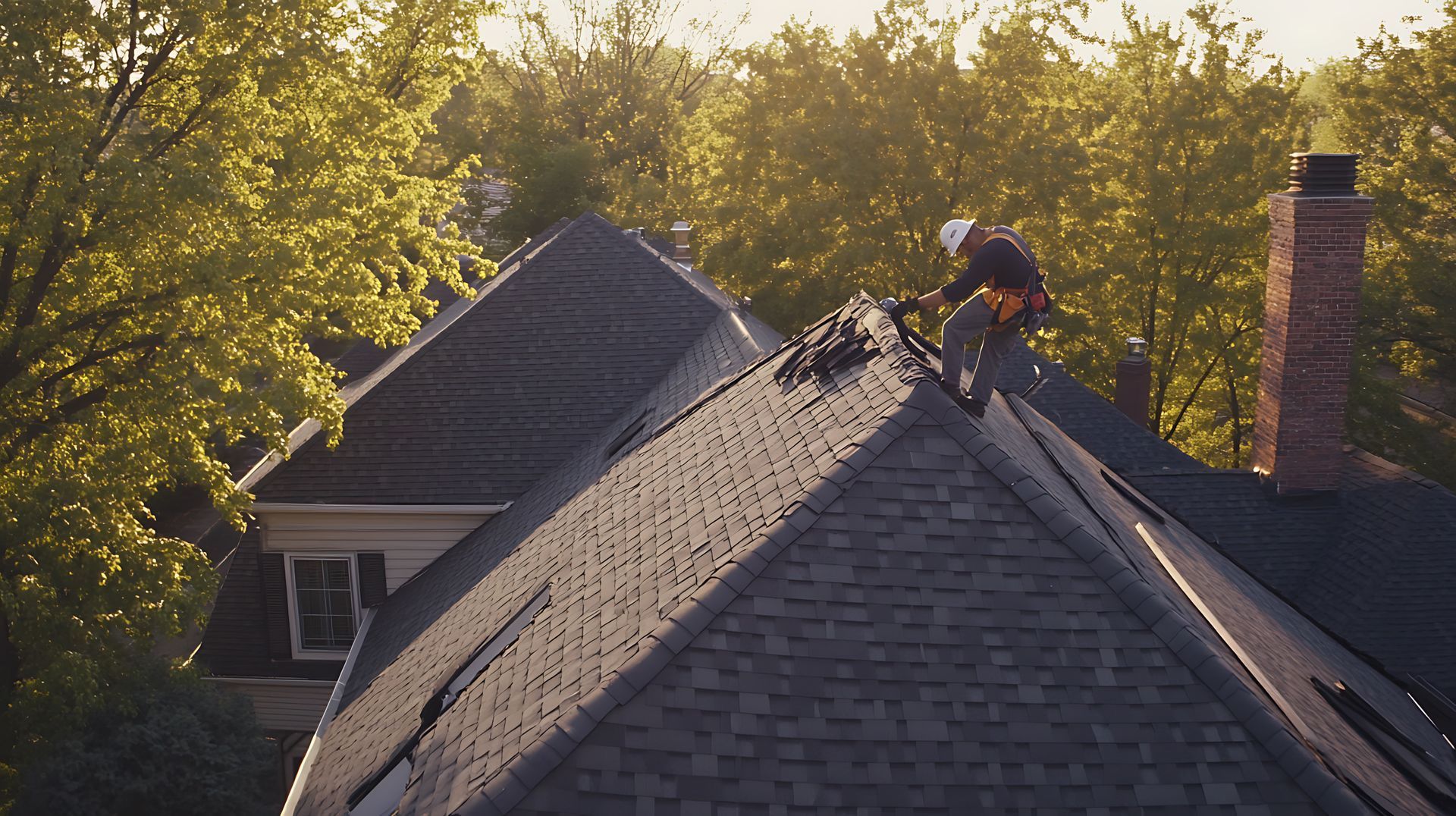 A construction worker in a hard hat walks along the ridgeline of a dark shingled roof at sunset, surrounded by trees. A construction worker in a hard hat walks along the ridgeline of a dark shingled roof at sunset, surrounded by trees.