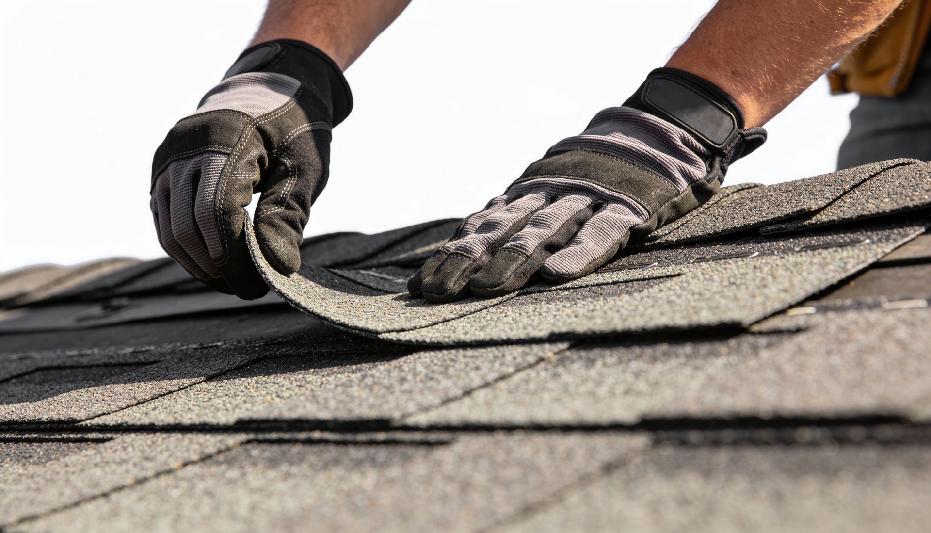 A close-up of a person wearing work gloves installing gray asphalt shingles on a roof. A close-up of a person wearing work gloves installing gray asphalt shingles on a roof.