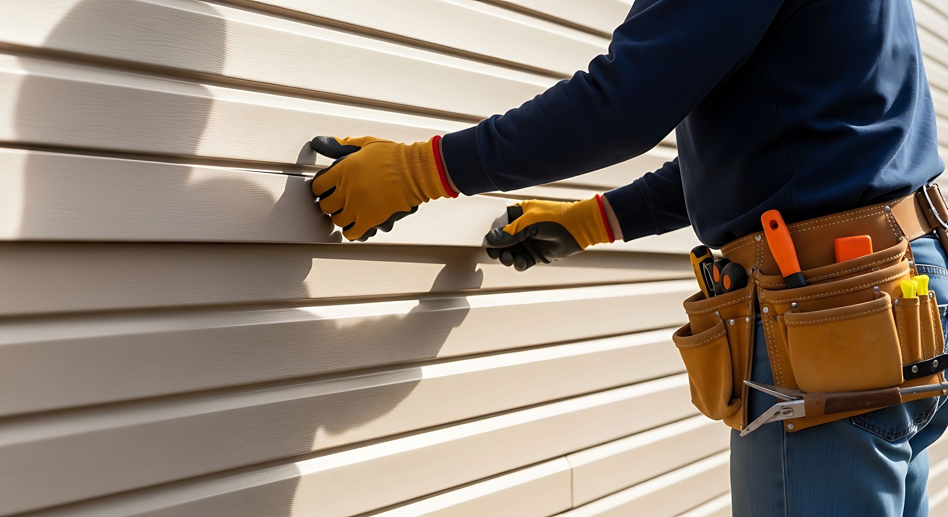 A professional siding contractor installing tan vinyl lap siding on a residential exterior. A professional siding contractor installing tan vinyl lap siding on a residential exterior.