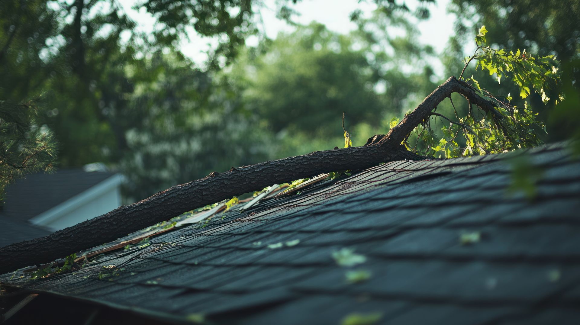 Tree branch fallen on a dark shingle roof with green foliage in the background. Tree branch fallen on a dark shingle roof with green foliage in the background.