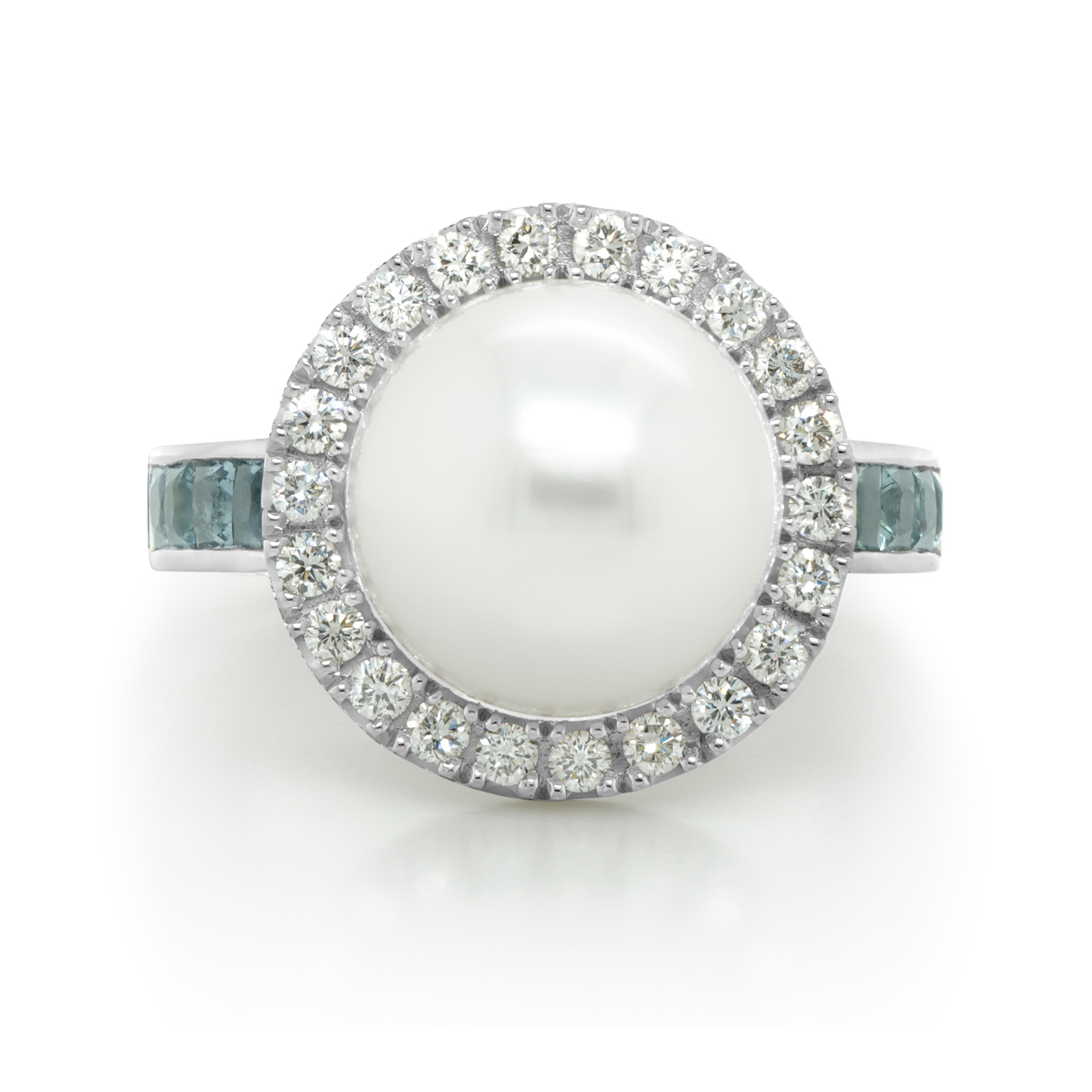 Teal Sapphire and Diamond Halo Ring South Sea Pearl, Diamond, Blue Sapphire and Platinum Ring