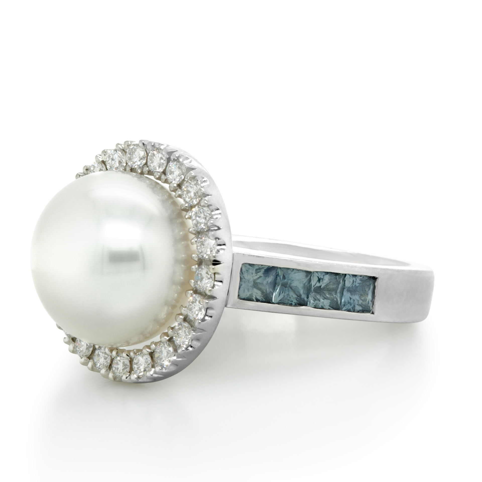 South Sea Pearl, Diamond, Blue Sapphire and Platinum Ring
