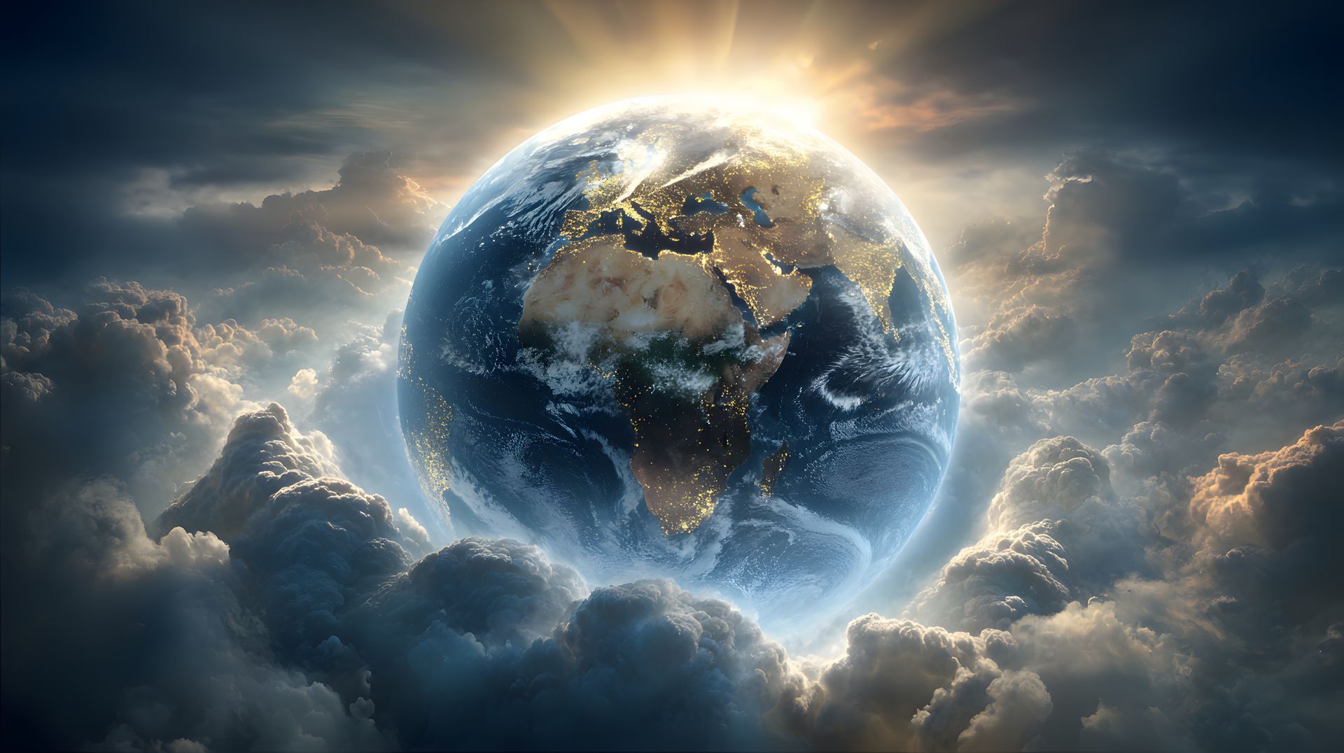 A glowing Earth globe centered against dark, dramatic clouds with a bright light source radiating from behind it.
