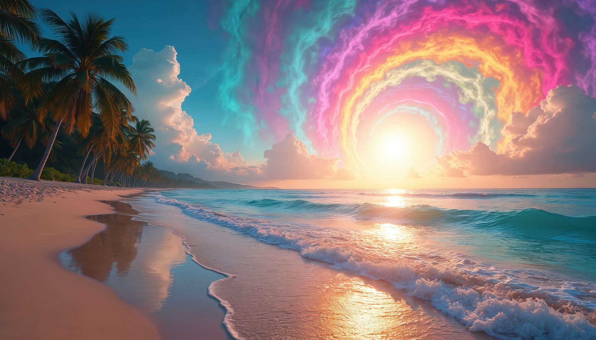 Beach scene with a colorful rainbow swirl above the horizon and palm trees on the left.
