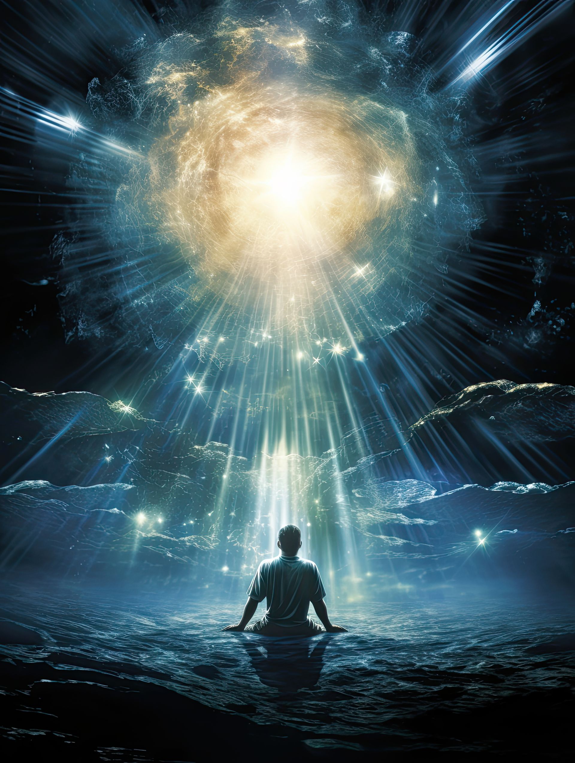 Person meditating, radiating light from a celestial galaxy. Blue, gold, night sky.