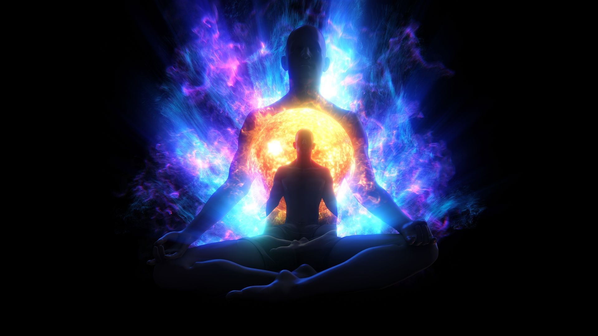 A silhouette sits in meditation, enclosed by a glowing sun-like orb and swirling blue energy against a black background.
