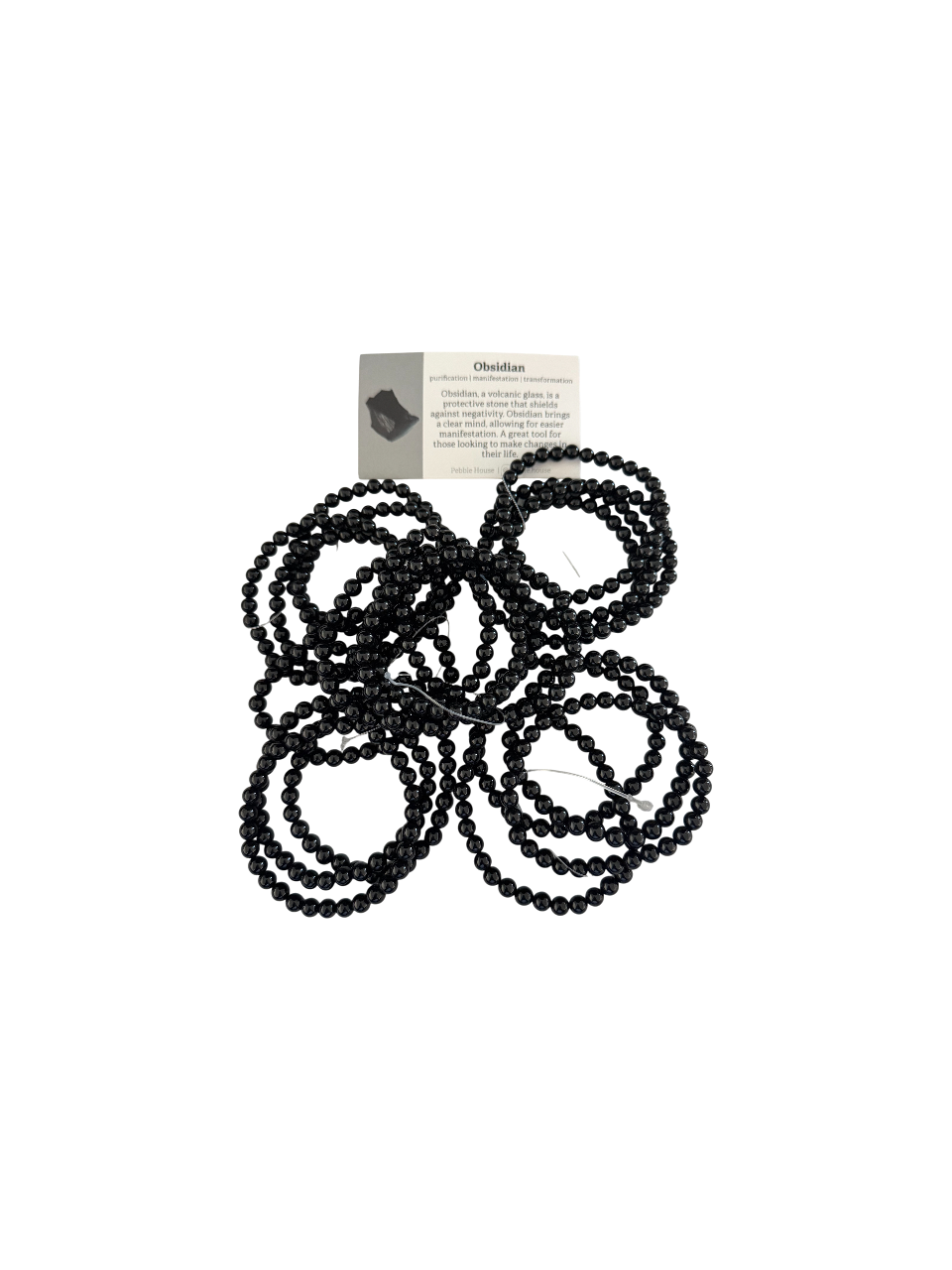 Black beaded bracelets grouped with a product description card on white background.
