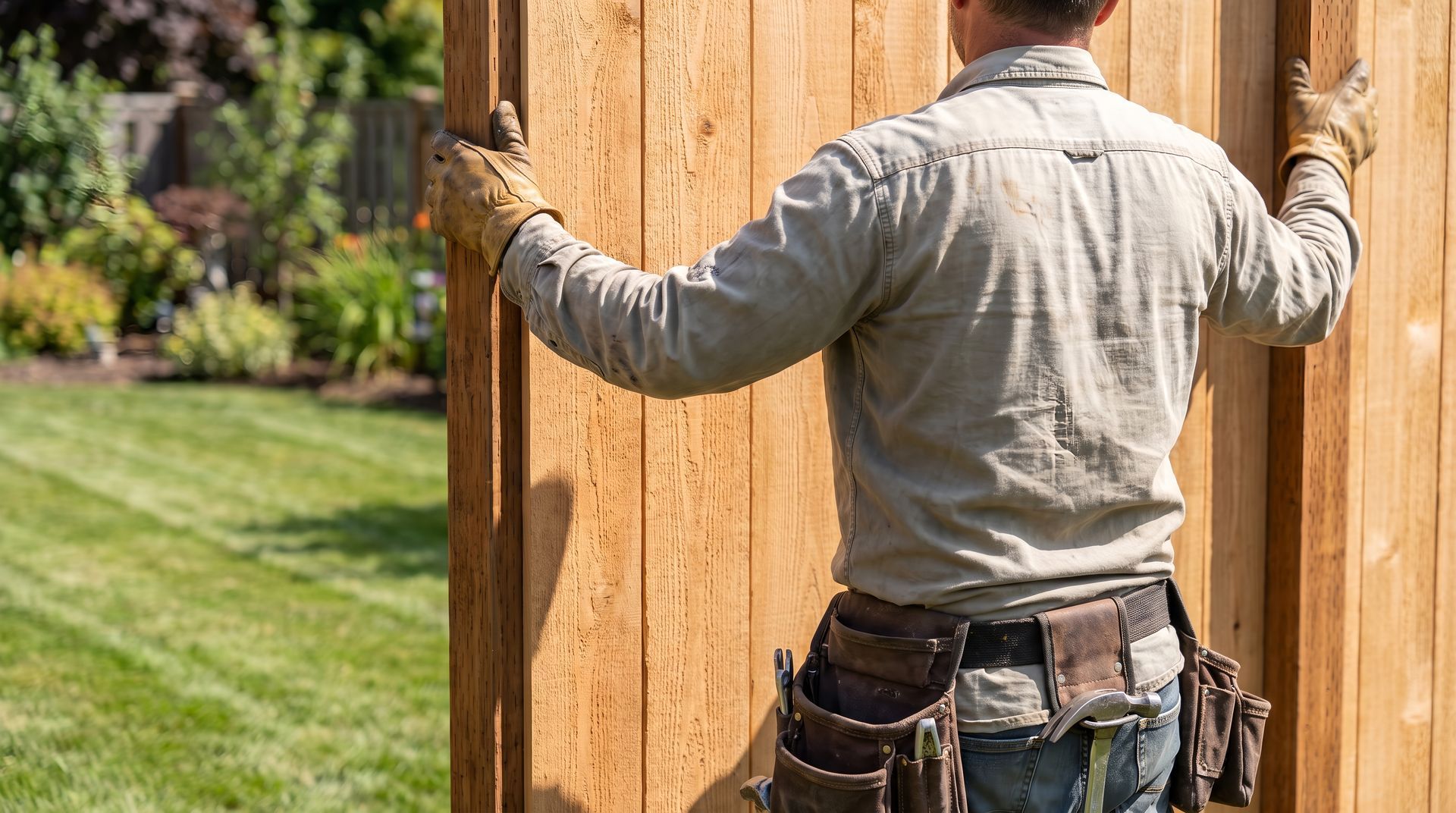 Male carpenter from behind, with tool belt installed, holding timber fence panel, residential backyard garden
