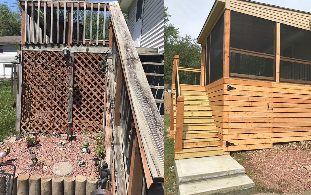 A before and after picture of a deck and screened in porch.