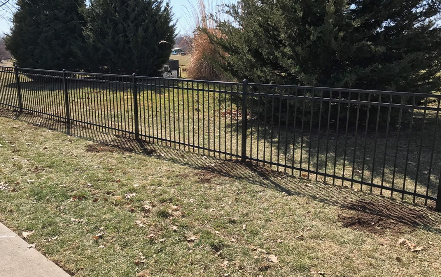 A black metal fence surrounds a lush green field.