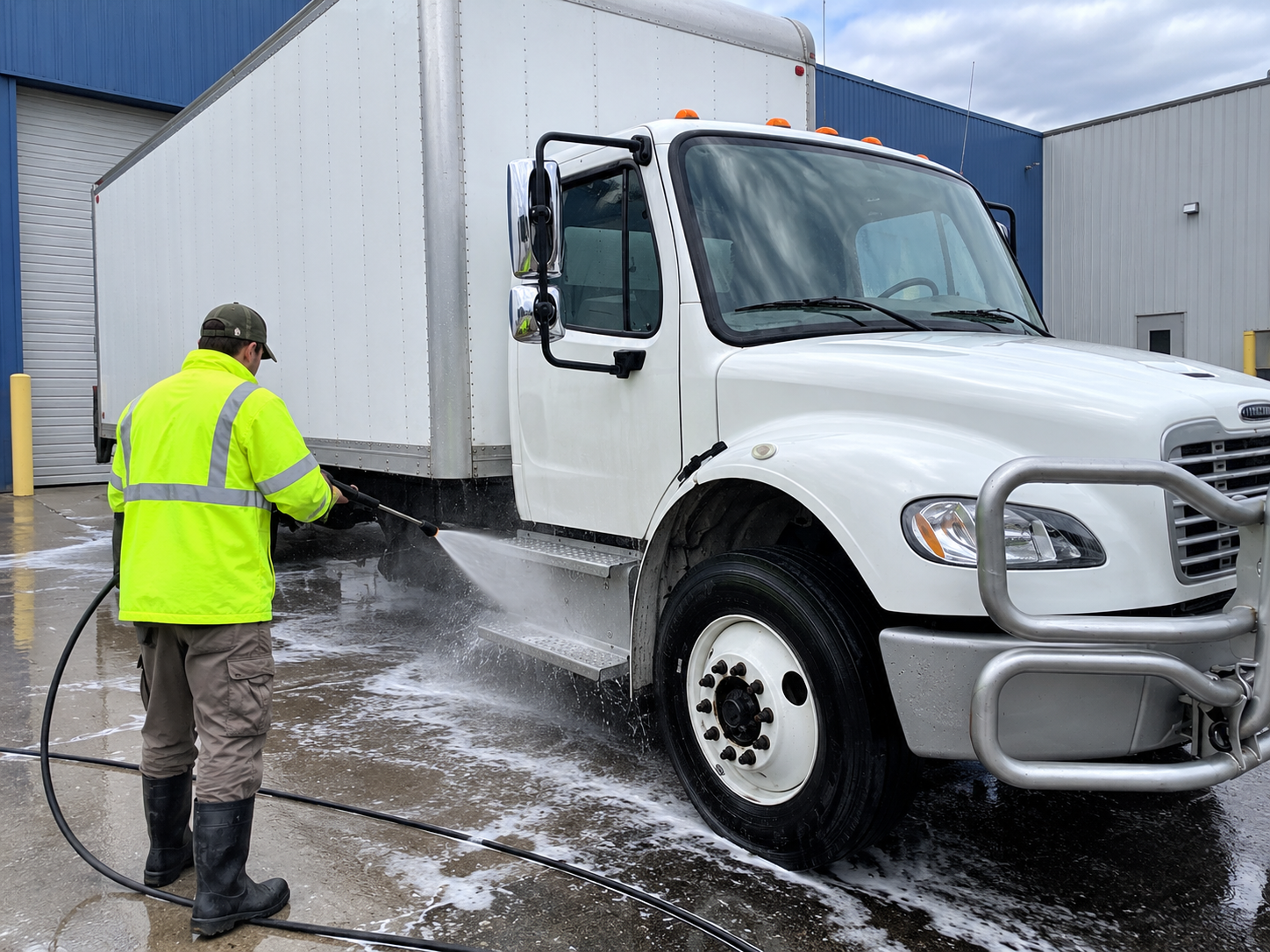 Worker spraying a white box truck with a hose in an industrial lot