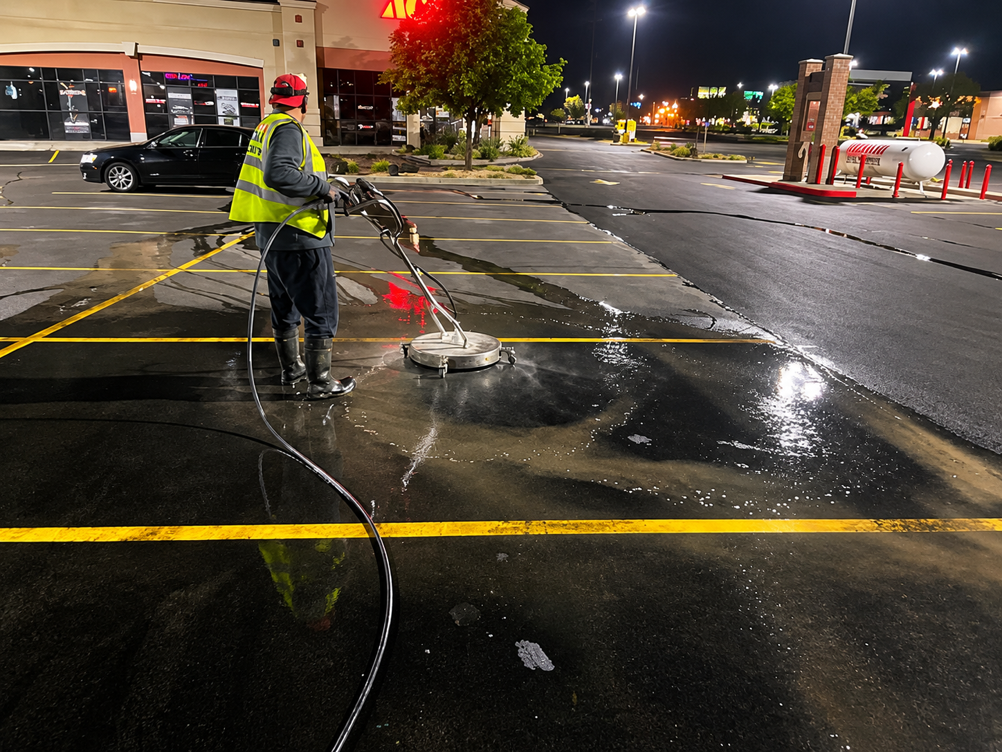 Worker pressure-washes wet parking lot at night under store lights, wearing a reflective jacket and red helmet