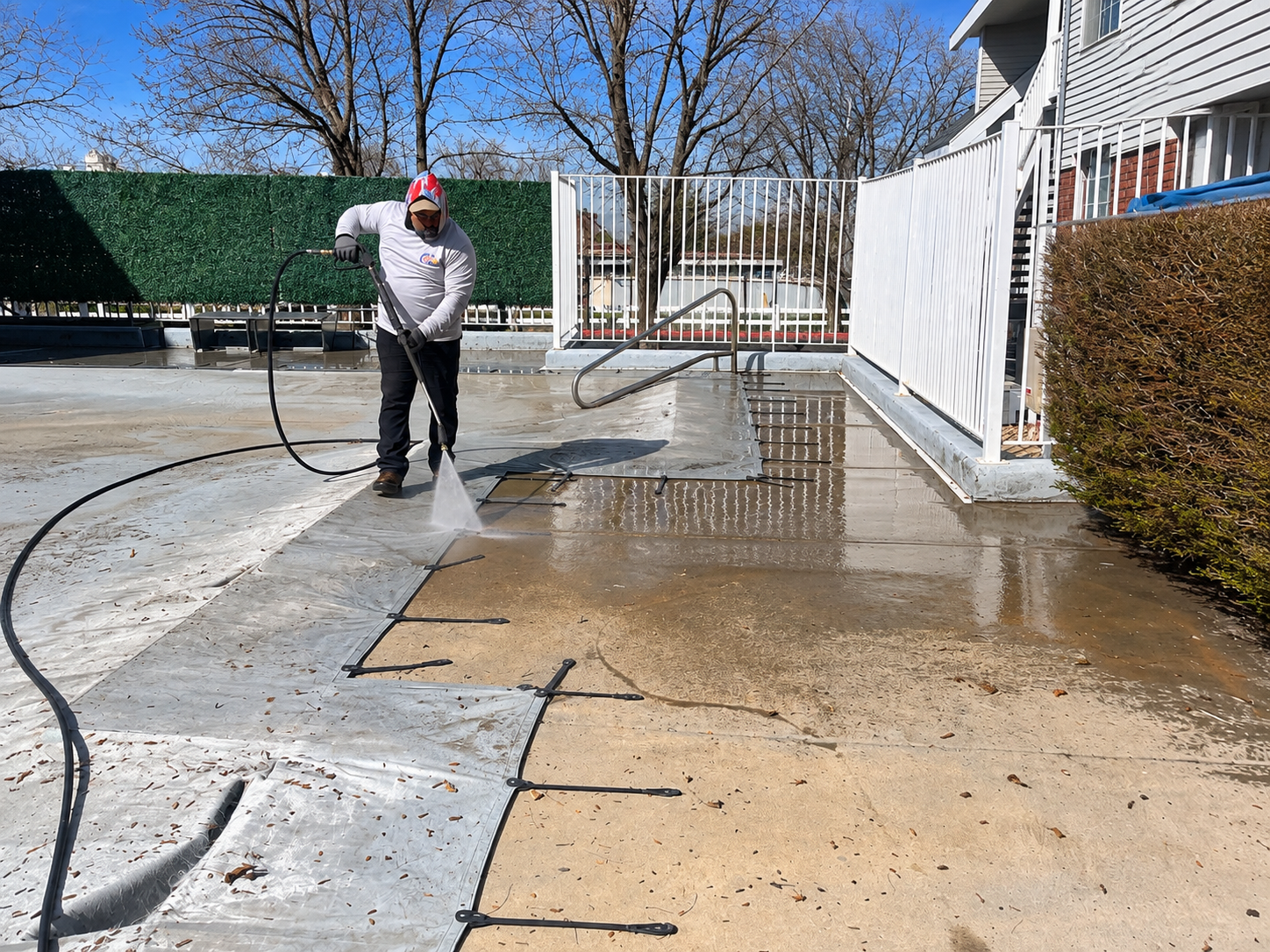 Person pressure washing a wet concrete driveway beside a house on a sunny day