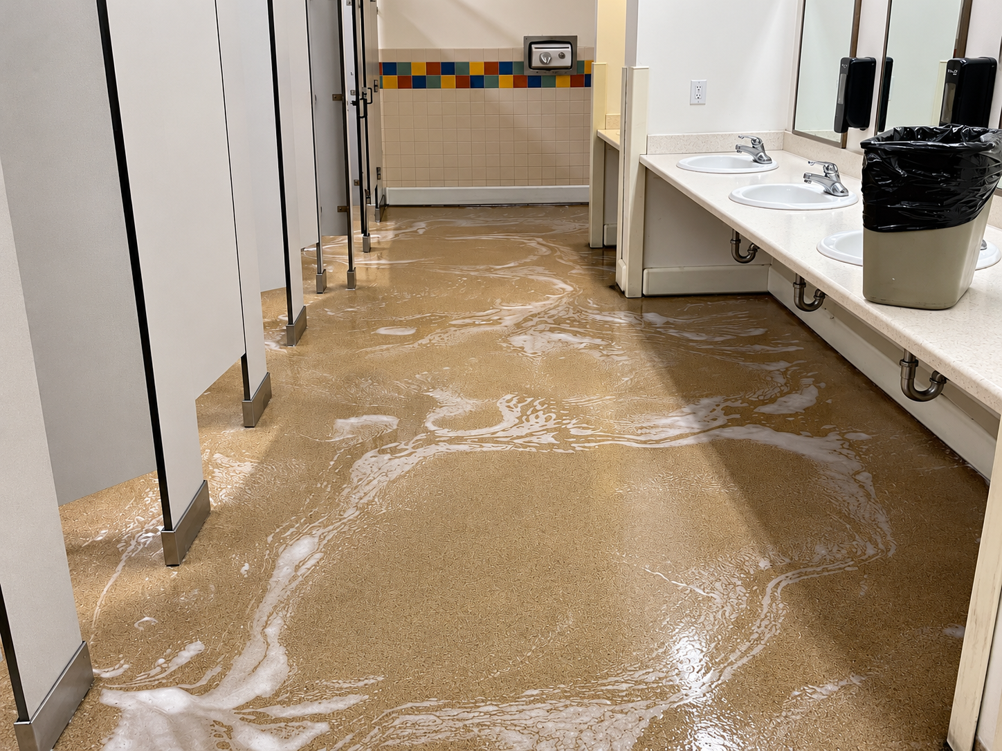 Flooded restroom floor with soapy water and stalls along the left side