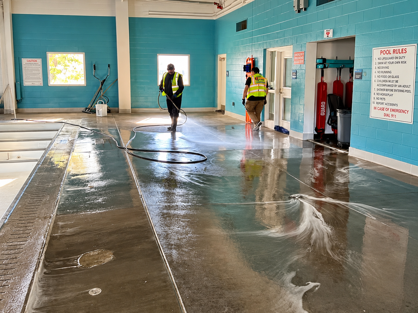 Workers cleaning a wet gym floor with hoses in a turquoise-walled room