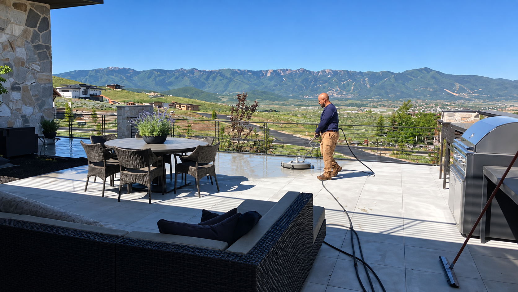 Patio with outdoor dining set, grill, and person standing by a mountain view under a clear sky
