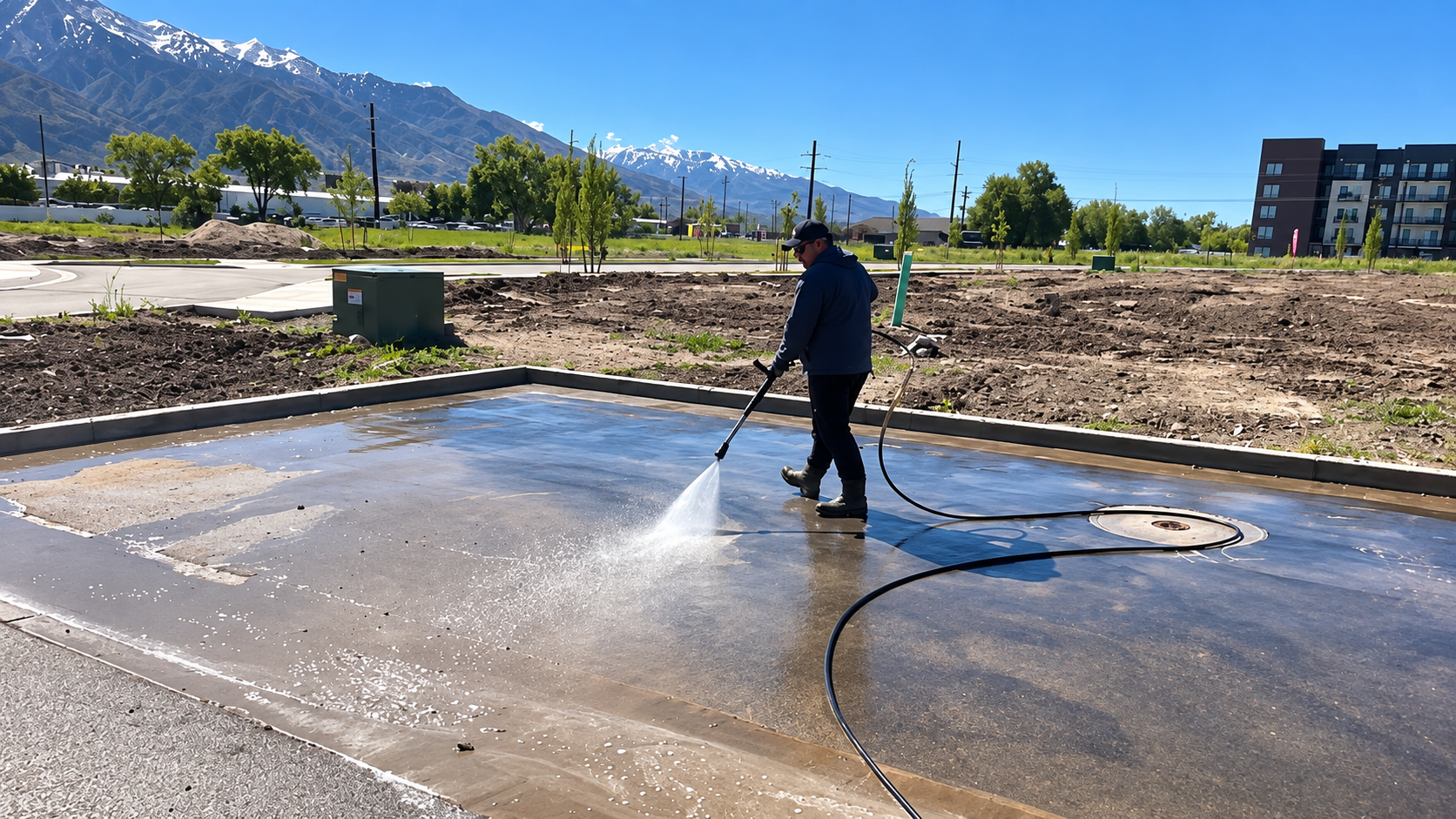 Person pressure-washes a wet concrete surface outdoors with mountains in the background.