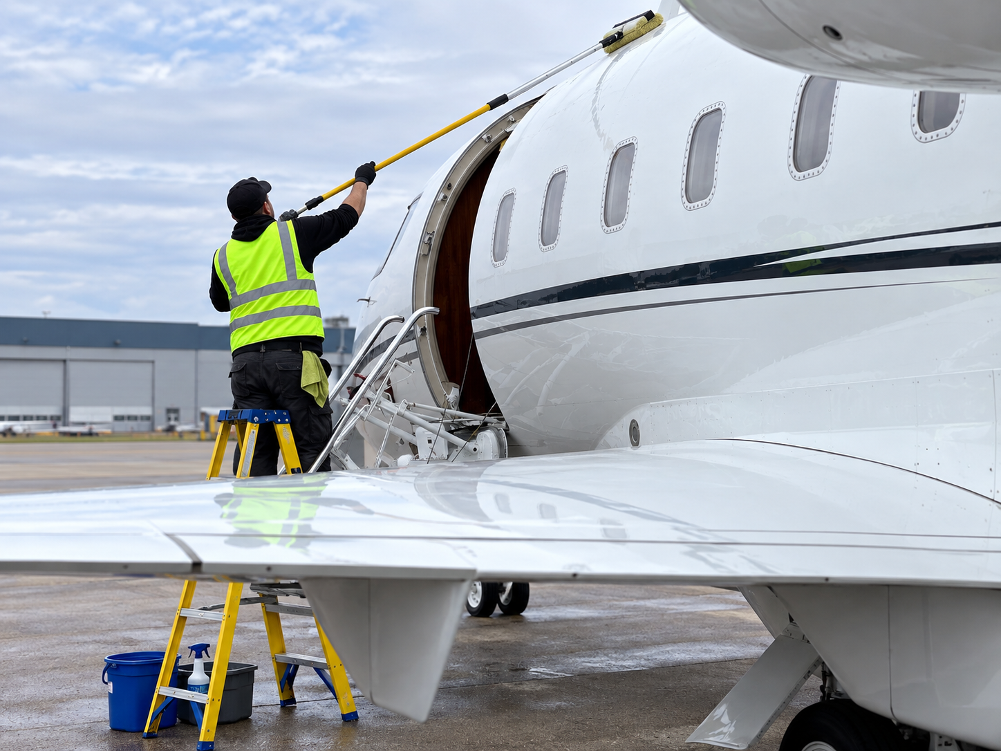 Worker in a neon vest cleaning a private jet’s fuselage with a long brush on a tarmac