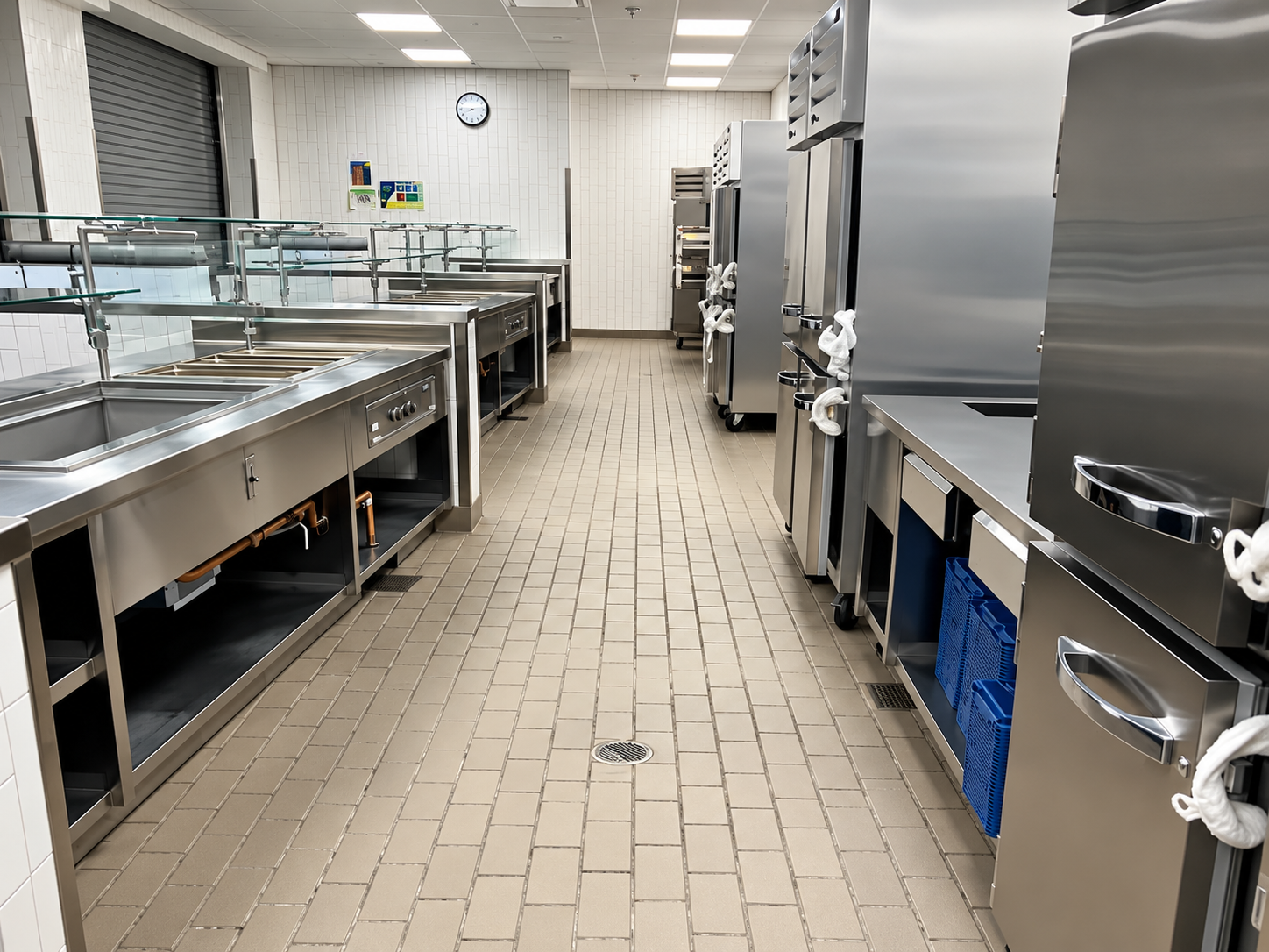 Empty commercial kitchen with stainless steel counters and appliances, bright overhead lights, and tiled floor