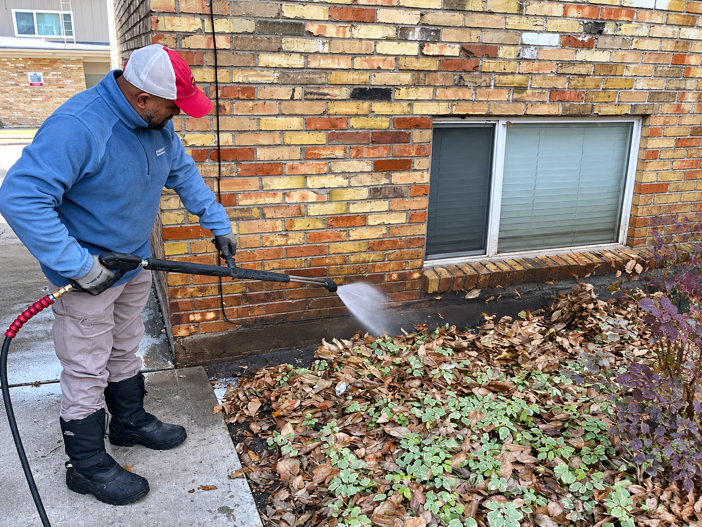 Person pressure-washing leaves along a brick house wall beside a basement window.