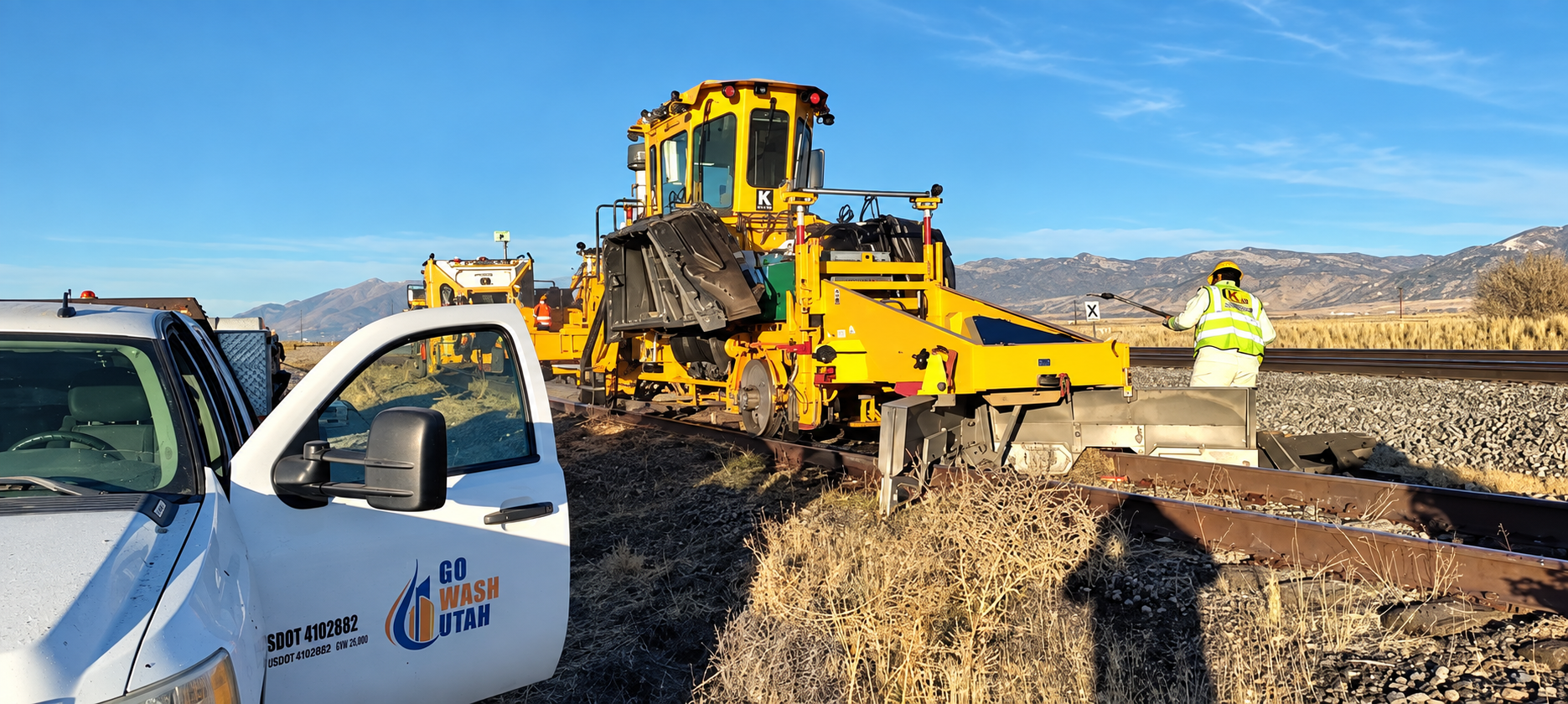 Roadwork scene with a yellow grader, white utility truck, and worker in safety gear on a dirt roadside.