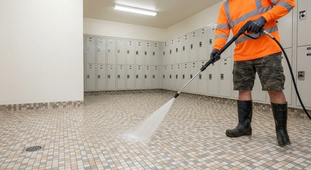 Worker pressure-washing a tiled locker room floor beside rows of lockers